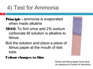 4) Test for Ammonia
Principle : ammonia is evaporated
when made alkaline
TEST: To 5ml urine add 2% sodium
carbonate till solution is alkaline to
litmus
Boil the solution and place a piece of
litmus paper at the mouth of test
tube.
Colourchanges to blue
Damp red litmus paper turns blue
on exposure to fumes of ammonia.
22
 