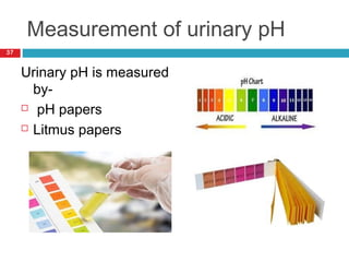 Measurement of urinary pH
37
Urinary pH is measured
by-
 pH papers
 Litmus papers
 