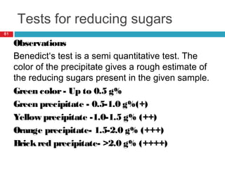 Tests for reducing sugars
61
Observations
Benedict‘s test is a semi quantitative test. The
color of the precipitate gives a rough estimate of
the reducing sugars present in the given sample.
Green color- Up to 0.5 g%
Green precipitate - 0.5-1.0 g%(+)
Yellow precipitate -1.0-1.5 g% (++)
Orange precipitate- 1.5-2.0 g% (+++)
Brickred precipitate- >2.0 g% (++++)
 