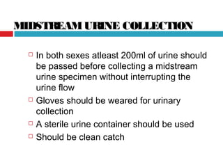MIDSTREAMURINE COLLECTION
 In both sexes atleast 200ml of urine should
be passed before collecting a midstream
urine specimen without interrupting the
urine flow
 Gloves should be weared for urinary
collection
 A sterile urine container should be used
 Should be clean catch
 