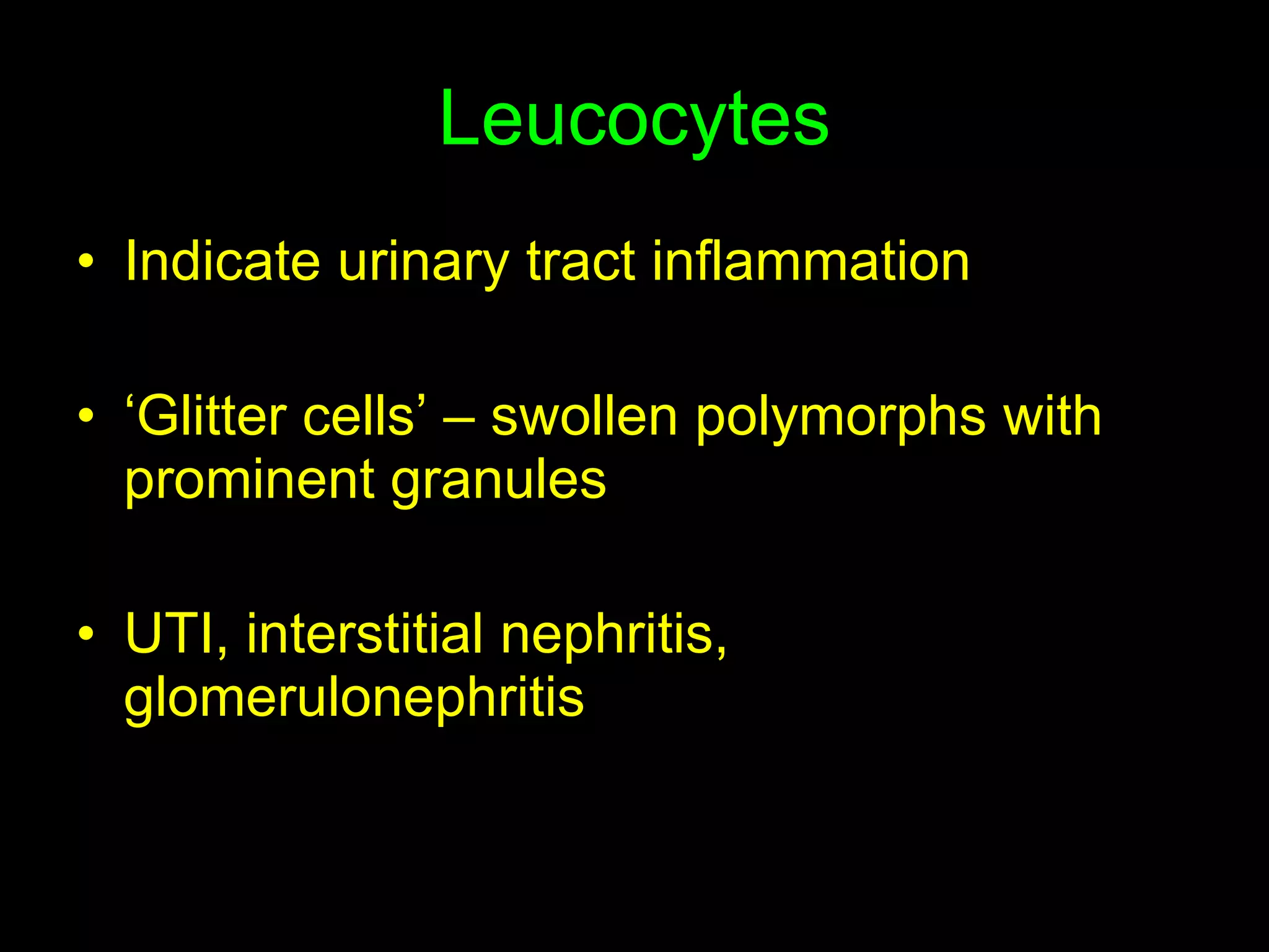 Leucocytes Indicate urinary tract inflammation ‘ Glitter cells’ – swollen polymorphs with prominent granules UTI, interstitial nephritis, glomerulonephritis 
