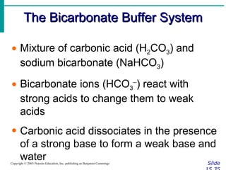 The Bicarbonate Buffer System Slide 15.35 Copyright © 2003 Pearson Education, Inc. publishing as Benjamin Cummings Mixture of carbonic acid (H 2 CO 3 ) and sodium bicarbonate (NaHCO 3 ) Bicarbonate ions (HCO 3 – ) react with strong acids to change them to weak acids Carbonic acid dissociates in the presence of a strong base to form a weak base and water 