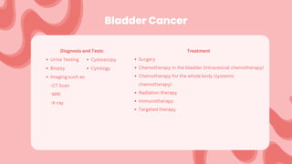 Bladder Cancer
Diagnosis and Tests:
Urine Testing
Biopsy
Imaging such as:
-CT Scan
-MRI
-X-ray
Treatment
Surgery
Chemotherapy in the bladder (intravesical chemotherapy)
Chemotherapy for the whole body (systemic
chemotherapy)
Radiation therapy
Immunotherapy
Targeted therapy
Cystoscopy
Cytology
 