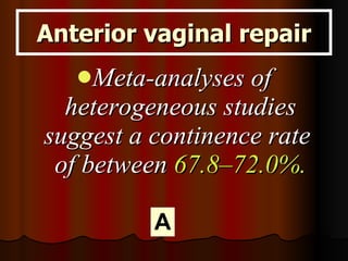 Meta-analyses of heterogeneous studies suggest a continence rate  of between  67.8–72.0%. Anterior vaginal repair A 