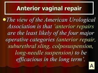 The view of the American Urological Association is that  ‘anterior repairs  are the least likely of the four major operative categories  (anterior repair, suburethral sling, colposuspension, long-needle suspension)  to be efficacious in the long term’. Anterior vaginal repair A 