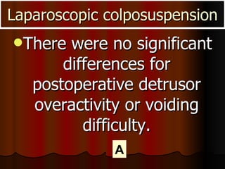 There were no significant differences for postoperative detrusor overactivity or voiding difficulty. Laparoscopic colposuspension A 
