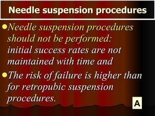 Needle suspension procedures Needle suspension procedures should not be performed :  initial success rates are not maintained with time and The risk of failure is higher than for retropubic suspension procedures. A 