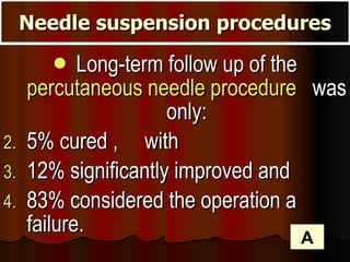 Long-term follow up of the  percutaneous needle procedure   was only: 5% cured ,  with  12% significantly improved and  83% considered the operation a failure.  Needle suspension procedures A 
