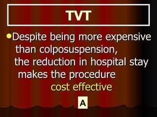Despite being more expensive than colposuspension,  the reduction in hospital stay makes the procedure  cost effective A TVT 