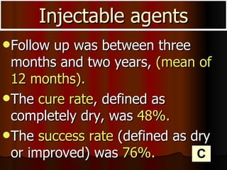 Follow up was between three months and two years,  (mean of 12 months). The  cure rate , defined as completely dry, was  48%. The  success rate  (defined as dry or improved) was  76%. Injectable agents C 