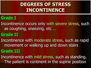 DEGREES OF STRESS INCONTINENCE <ul><li>Grade I   </li></ul><ul><li>Incontinence occurs only  with severe stress , such as ...