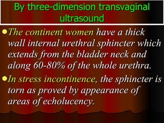 By three-dimension transvaginal ultrasound <ul><li>The   continent women  have a thick wall internal urethral sphincter wh...
