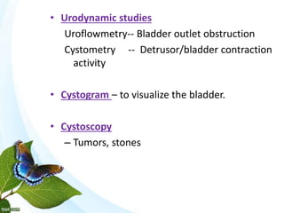 • Urodynamic studies
Uroflowmetry-- Bladder outlet obstruction
Cystometry -- Detrusor/bladder contraction
activity
• Cystogram – to visualize the bladder.
• Cystoscopy
– Tumors, stones
 