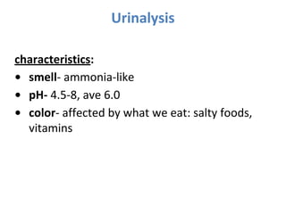 Urinalysis
characteristics:
• smell- ammonia-like
• pH- 4.5-8, ave 6.0
• color- affected by what we eat: salty foods,
vitamins
 