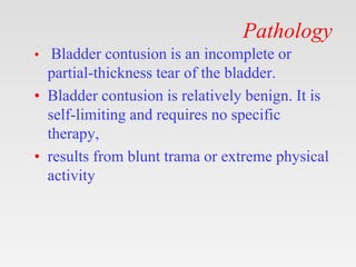 Pathology
• Bladder contusion is an incomplete or
partial-thickness tear of the bladder.
• Bladder contusion is relatively benign. It is
self-limiting and requires no specific
therapy,
• results from blunt trama or extreme physical
activity
 