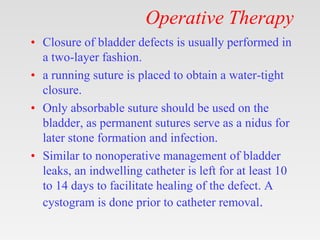 Operative Therapy
• Closure of bladder defects is usually performed in
a two-layer fashion.
• a running suture is placed to obtain a water-tight
closure.
• Only absorbable suture should be used on the
bladder, as permanent sutures serve as a nidus for
later stone formation and infection.
• Similar to nonoperative management of bladder
leaks, an indwelling catheter is left for at least 10
to 14 days to facilitate healing of the defect. A
cystogram is done prior to catheter removal.
 