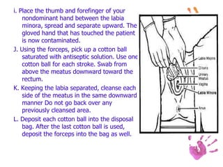i. Place the thumb and forefinger of your
nondominant hand between the labia
minora, spread and separate upward. The
gloved hand that has touched the patient
is now contaminated.
J. Using the forceps, pick up a cotton ball
saturated with antiseptic solution. Use one
cotton ball for each stroke. Swab from
above the meatus downward toward the
rectum.
K. Keeping the labia separated, cleanse each
side of the meatus in the same downward
manner Do not go back over any
previously cleansed area.
L. Deposit each cotton ball into the disposal
bag. After the last cotton ball is used,
deposit the forceps into the bag as well.
 