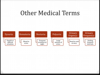 Other Medical Terms
Dysuria:
Painful or
difficult
urination.
Hematuria:
Blood in
urine.
Nocturia:
Frequent
urination at
night.
Polyuria:
Large
amount of
urine.
Urinary
Urgency:
Need to void
at once.
Urinary
Frequency:
Voiding
frequent
intervals.
 