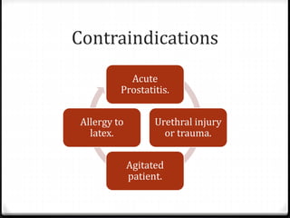 Contraindications
Acute
Prostatitis.
Urethral injury
or trauma.
Agitated
patient.
Allergy to
latex.
 