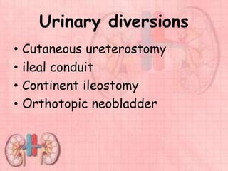 Urinary diversions
• Cutaneous ureterostomy
• ileal conduit
• Continent ileostomy
• Orthotopic neobladder
 