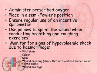 • Administer prescribed oxygen
• Place in a semi-Fowler’s position
• Ensure regular use of an incentive
spirometer
• Use pillows to splint the wound when
conducting breathing and coughing
exercises
• Monitor for signs of hypovolaemic shock
due to haemorrhage:
– Vital signs
– Colour
– Skin
– Wound dressing (check that no blood has seeped round
to the back)
– Wound drainage
 