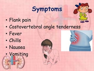 Symptoms
• Flank pain
• Costovertebral angle tenderness
• Fever
• Chills
• Nausea
• Vomiting
 