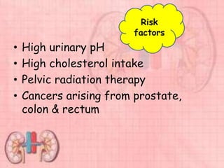 • High urinary pH
• High cholesterol intake
• Pelvic radiation therapy
• Cancers arising from prostate,
colon & rectum
Risk
factors
 