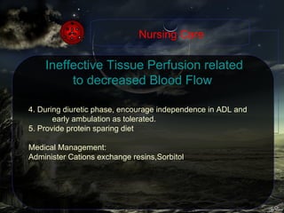 Ineffective Tissue Perfusion related to decreased Blood Flow  4. During diuretic phase, encourage independence in ADL and early ambulation as tolerated. 5. Provide protein sparing diet  Medical Management: Administer Cations exchange resins,Sorbitol Nursing Care 