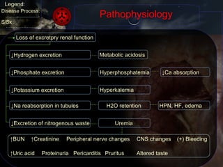 Pathophysiology Legend: Disease Process: S/Sx : Loss of excretpry renal function ↓ Hydrogen excretion ↓ Phosphate excretion ↓ Potassium excretion ↓ Na reabsorption in tubules ↓ Excretion of nitrogenous waste Metabolic acidosis Hyperphosphatemia ↓ Ca absorption Hyperkalemia H2O retention HPN, HF, edema Uremia ↑ Uric acid Peripheral nerve changes CNS changes ↑ Creatinine ↑ BUN (+) Bleeding Proteinuria Pericarditis Pruritus Altered taste 