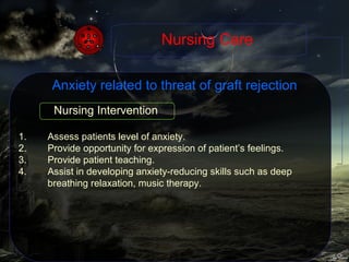 Anxiety related to threat of graft rejection Assess patients level of anxiety. Provide opportunity for expression of patient’s feelings. Provide patient teaching. Assist in developing anxiety-reducing skills such as deep breathing relaxation, music therapy. Nursing Care Nursing Intervention 
