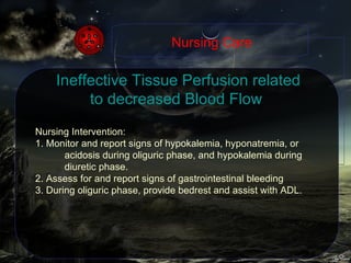 Ineffective Tissue Perfusion related to decreased Blood Flow  Nursing Intervention: 1. Monitor and report signs of hypokal...