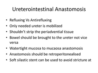 Ureterointestinal Anastomosis 
• Refluxing Vs Antirefluxing 
• Only needed ureter is mobilized 
• Shouldn’t strip the periadvential tissue 
• Bowel should be brought to the ureter not vice 
versa 
• Watertight mucosa to mucaosa anastomosis 
• Anastomosis should be retroperitonealised 
• Soft silastic stent can be used to avoid stricture at 
 