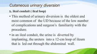 Cutaneous urinary diversion
1. ileal conduit ( ileal loop)
• This method of urinary diversion is the oldest and
most common of the UD because of the low number
of complications and surgeon’s familiarity with the
procedure.
• in an ileal conduit, the urine is diverted by
implanting, the ureters into a 12-cm loop of ileum
that is led out through the abdominal wall.
 
