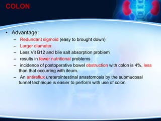 COLON
• Advantage:
– Redundant sigmoid (easy to brought down)
– Larger diameter
– Less Vit B12 and bile salt absorption problem
– results in fewer nutritional problems
– incidence of postoperative bowel obstruction with colon is 4%, less
than that occurring with ileum.
– An antireflux ureterointestinal anastomosis by the submucosal
tunnel technique is easier to perform with use of colon
 