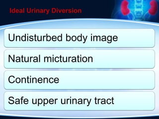 Ideal Urinary Diversion
Undisturbed body image
Natural micturation
Continence
Safe upper urinary tract
 