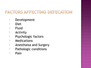  Development
 Diet
 Fluid
 Activity
 Psychologic factors
 Medications
 Anesthaisa and Surgery
 Pathologic conditions
 Pain
 