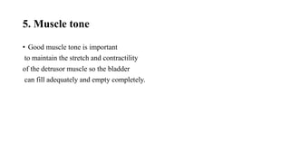 5. Muscle tone
• Good muscle tone is important
to maintain the stretch and contractility
of the detrusor muscle so the bladder
can fill adequately and empty completely.
 