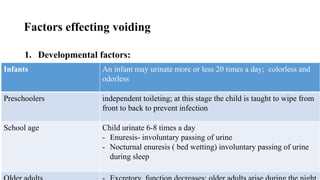 Factors effecting voiding
1. Developmental factors:
Infants An infant may urinate more or less 20 times a day; colorless and
odorless
Preschoolers independent toileting; at this stage the child is taught to wipe from
front to back to prevent infection
School age Child urinate 6-8 times a day
- Enuresis- involuntary passing of urine
- Nocturnal enuresis ( bed wetting) involuntary passing of urine
during sleep
 