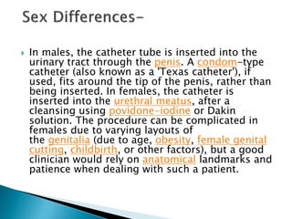  In males, the catheter tube is inserted into the
urinary tract through the penis. A condom-type
catheter (also known as a 'Texas catheter'), if
used, fits around the tip of the penis, rather than
being inserted. In females, the catheter is
inserted into the urethral meatus, after a
cleansing using povidone-iodine or Dakin
solution. The procedure can be complicated in
females due to varying layouts of
the genitalia (due to age, obesity, female genital
cutting, childbirth, or other factors), but a good
clinician would rely on anatomical landmarks and
patience when dealing with such a patient.
 