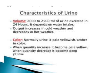  Colour and transparency

. Clear, pale to deep yellow (due to urochrome)
. Concentrated urine has a deeper yellow/amber
colour
. A red or red-brown (abnormal) colour could be from
a food dye, eating fresh beets, a drug, or the
presence of either hemoglobin or myoglobin.
. If the sample contained many red blood cells, it
would be cloudy as well as red.
. Turbidity or cloudiness may be caused by
excessive cellular material or protein in the urine
 