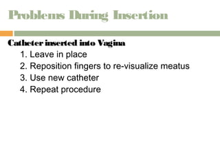 Problems During Insertion 
Catheter inserted iinnttoo VVaaggiinnaa 
1. Leave in place 
2. Reposition fingers to re-visualize meatus 
3. Use new catheter 
4. Repeat procedure 
 