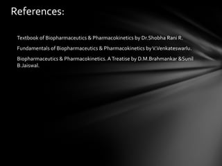 References:

 Textbook of Biopharmaceutics & Pharmacokinetics by Dr.Shobha Rani R.
 Fundamentals of Biopharmaceutics & Pharmacokinetics by V.Venkateswarlu.
 Biopharmaceutics & Pharmacokinetics. A Treatise by D.M.Brahmankar &Sunil
 B.Jaiswal.
 