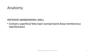 Anatomy
ANTERIOR ABABDOMINAL WALL
• Contains superficial fatty layer (campers)and deep membranous
layer(Scarpas)
4
Dept of Urology, GRH and KMC, Chennai.
 