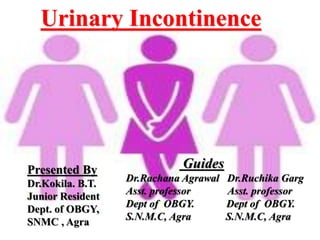 Urinary Incontinence
Guides
Dr.Rachana Agrawal Dr.Ruchika Garg
Asst. professor Asst. professor
Dept of OBGY. Dept of OBGY.
S.N.M.C, Agra S.N.M.C, Agra
Presented By
Dr.Kokila. B.T.
Junior Resident
Dept. of OBGY,
SNMC , Agra
 
