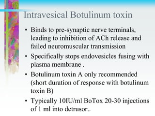 Intravesical Botulinum toxin
• Binds to pre-synaptic nerve terminals,
leading to inhibition of ACh release and
failed neuromuscular transmission
• Specifically stops endovesicles fusing with
plasma membrane .
• Botulinum toxin A only recommended
(short duration of response with botulinum
toxin B)
• Typically 10IU/ml BoTox 20-30 injections
of 1 ml into detrusor..
 