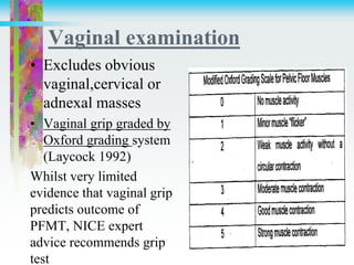 Vaginal examination
• Excludes obvious
vaginal,cervical or
adnexal masses
• Vaginal grip graded by
Oxford grading system
(Laycock 1992)
Whilst very limited
evidence that vaginal grip
predicts outcome of
PFMT, NICE expert
advice recommends grip
test
 