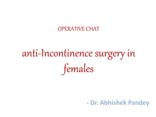 OPERATIVE CHAT
anti-Incontinence surgery in
females
- Dr. Abhishek Pandey
 