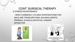 CONT’ SURGICAL THERAPY
II/ STRESS INCONTINENCE:
- MOST COMMONLY UTILIZED INTERVENTIONS FOR
MALE ARE TRANSURETHRAL BULKING AGENTS,
PERINEAL SLINGS & ARTIFICIAL URINARY
SPHINCTER.
 