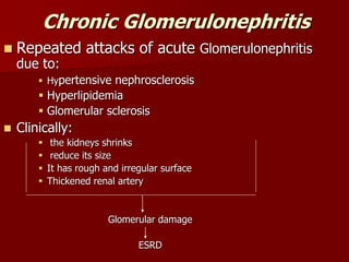 Chronic Glomerulonephritis
 Repeated attacks of acute Glomerulonephritis
due to:
 Hypertensive nephrosclerosis
 Hyperlipidemia
 Glomerular sclerosis
 Clinically:
 the kidneys shrinks
 reduce its size
 It has rough and irregular surface
 Thickened renal artery
Glomerular damage
ESRD
 