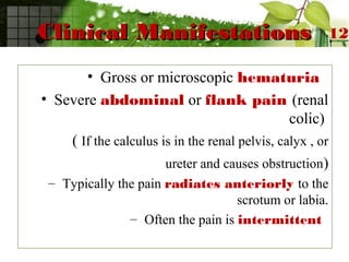Clinical ManifestationsClinical Manifestations
• Gross or microscopic hematuria
• Severe abdominal or flank pain (renal
colic)
( If the calculus is in the renal pelvis, calyx , or
ureter and causes obstruction)
– Typically the pain radiates anteriorly to the
scrotum or labia.
– Often the pain is intermittent
12
 